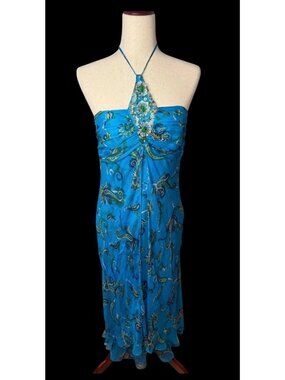 Vtg Y2K Fairy Teal Mermaid Silk Maxi Asymmetrical Halter Beaded Dress Paisley